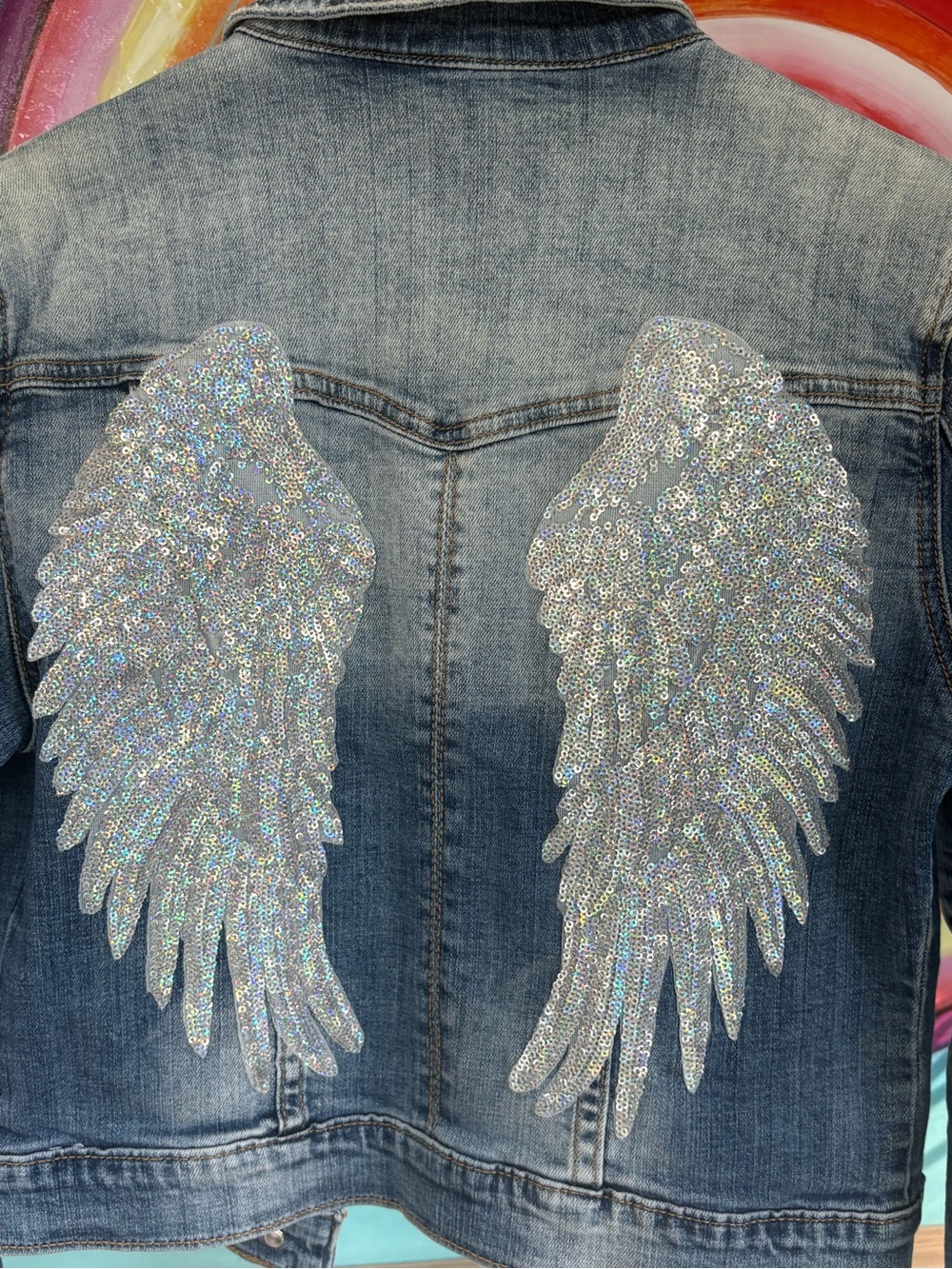 Sequin Angel Wing Embellished Denim Jacket Women’s M Distressed Trucker - Picture 4 of 7